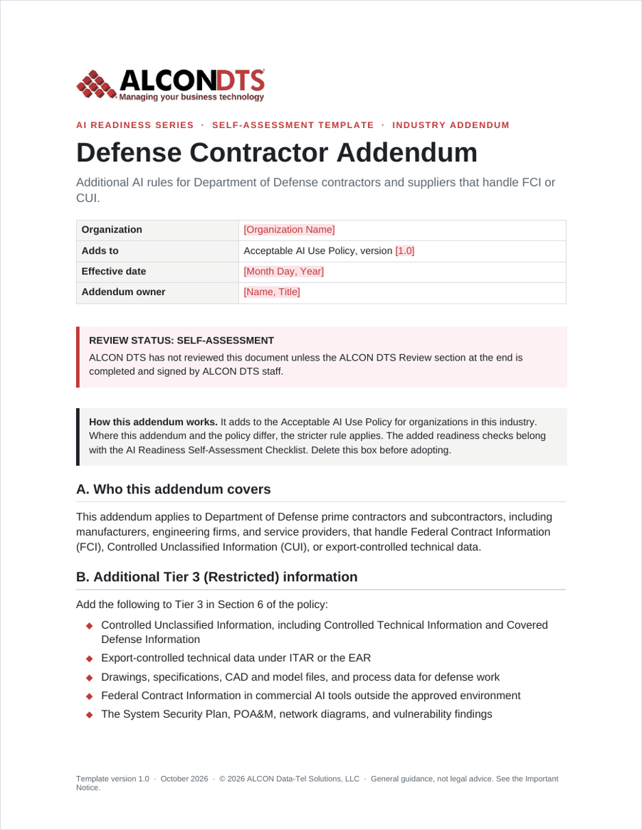 Cover of the ALCON DTS Defense Contractor Addendum