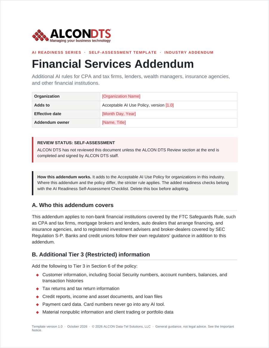Cover of the ALCON DTS Financial Services Addendum