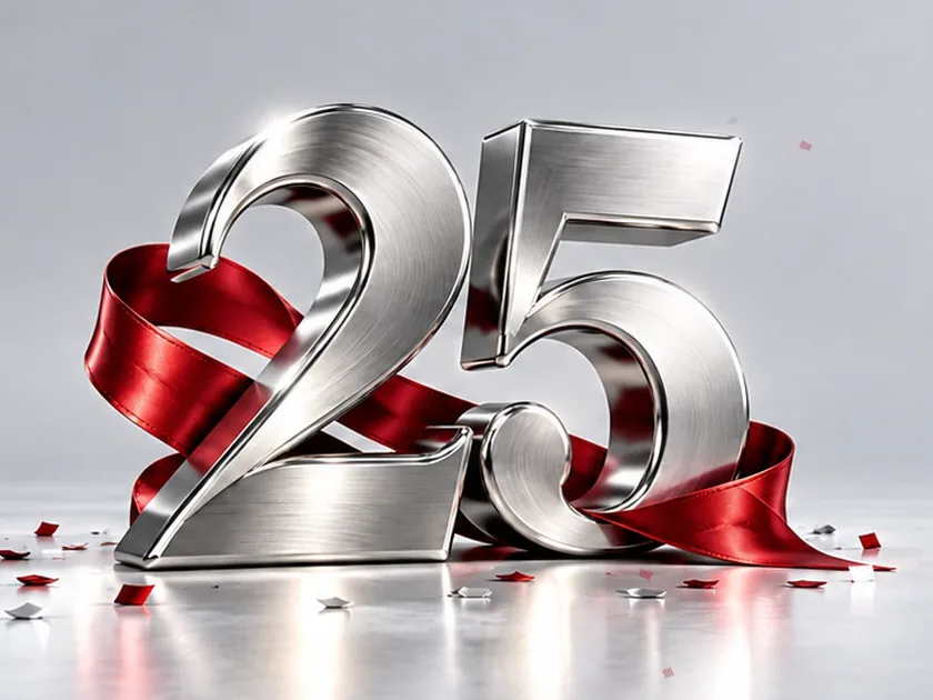 Silver number 25 wrapped in a red ribbon